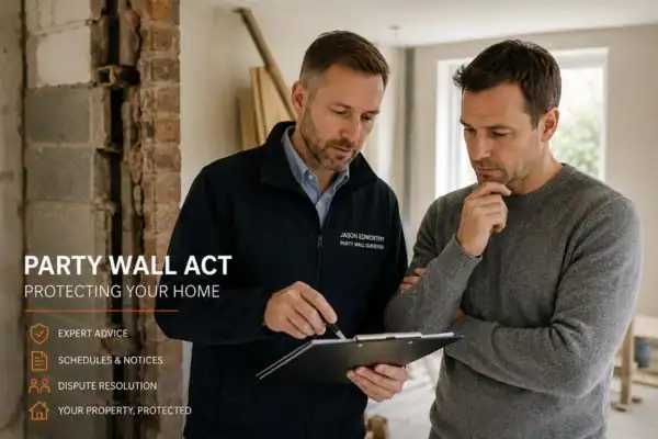 Party wall surveyor Halifax discussing extension plans with homeowner outside a UK semi-detached house.